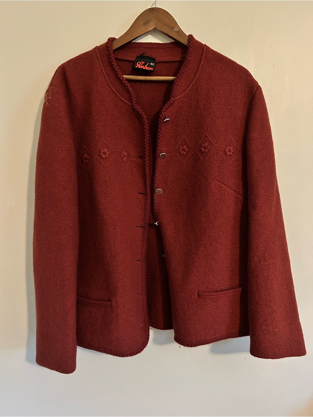 Vintage Arber Strickmoden Burgundy Wool Embroidered Cardigan Jacket Large Knit